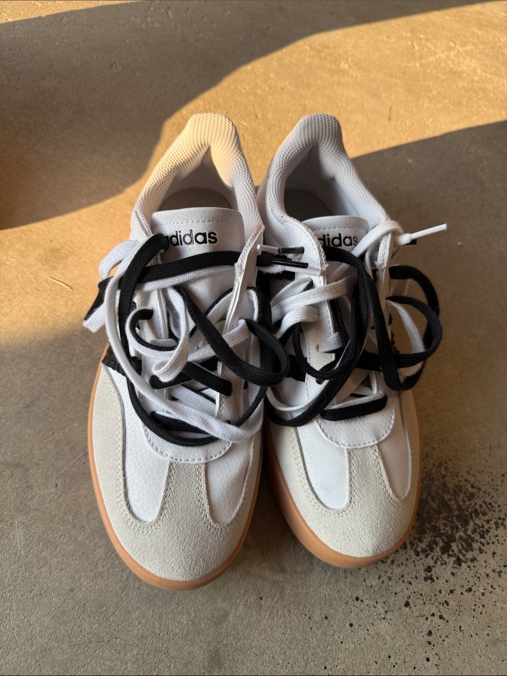adidas women’s White Sneakers with Gum Sole and Black Laces